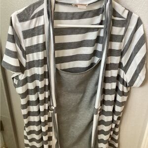 Gray and White Striped Cardigan with Tank